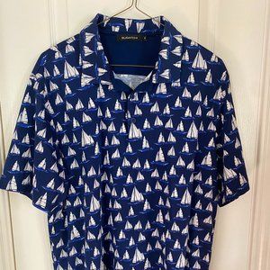 BUGATCHI Mens XL Digital Sail Boat Print 3 Button Polo Tee Shirt Short Sleeve